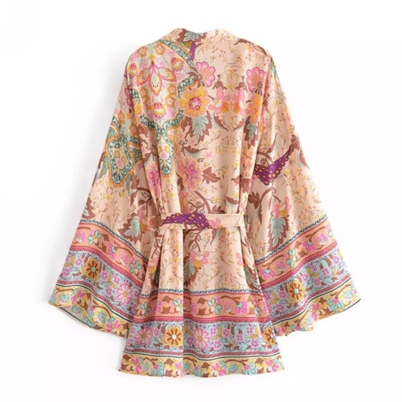 Beige Boho Multi Color Floral Peacock Short Kimono - Picture 2 of 10